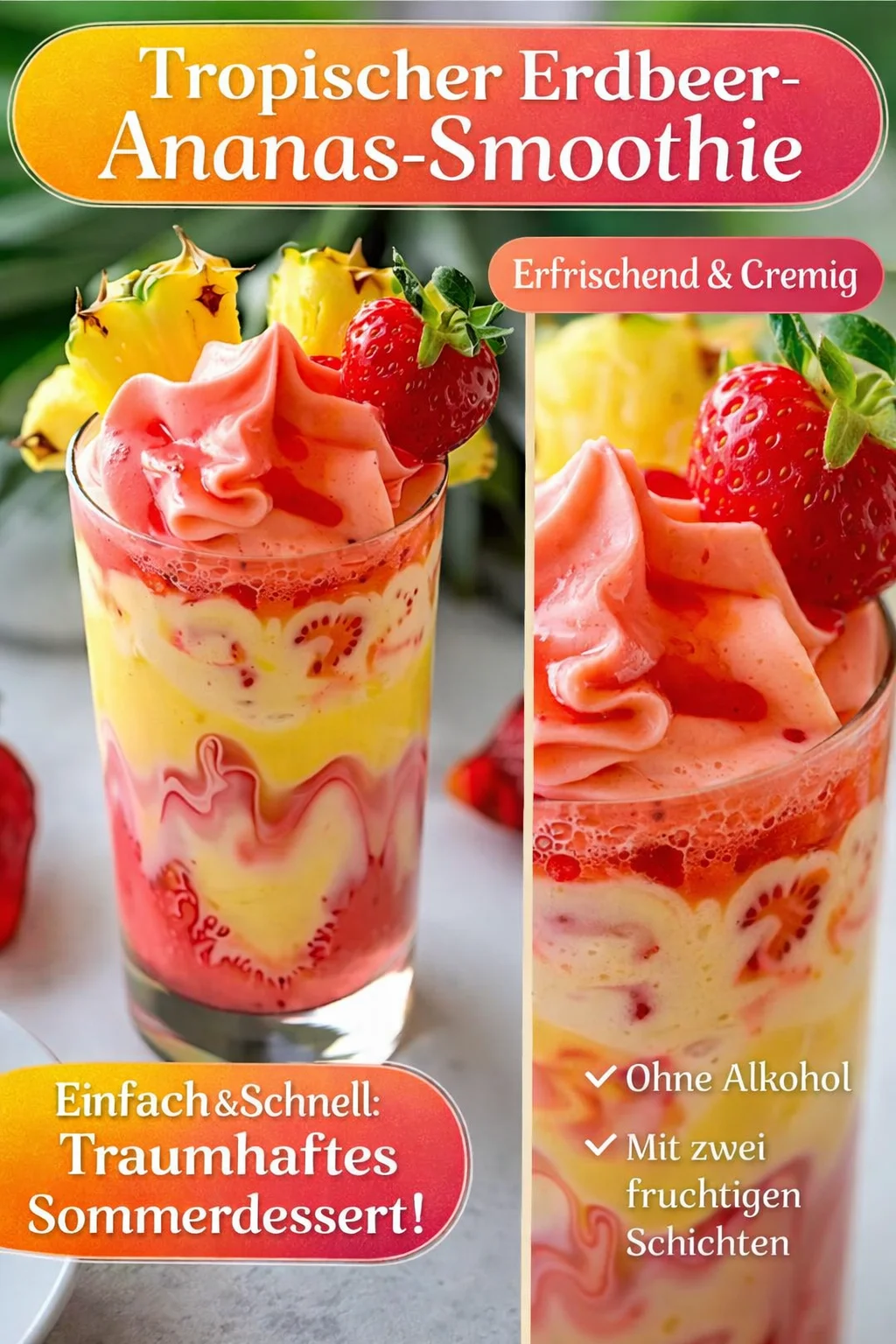 Erlebe den Sommer mit einem erfrischenden Erdbeer Pina Colada Smoothie - Sehne dich nach tropischen Genüssen? Dieser Erdbeer Pina Colada Smoothie bringt den Urlaub direkt in dein Glas! Mit frischen Erdbeeren, Ananas und cremiger Kokosmilch ist er nicht nur lecker, sondern auch gesund. Perfekt für heiße Tage oder als schmackhaftes Frühstück! Probiere dieses Rezept aus und lass dich von den Aromen verzaubern. Teile deine Kreationen mit uns! #SmoothieRezept #ErdbeerPinaColada #TropischeGenüsse