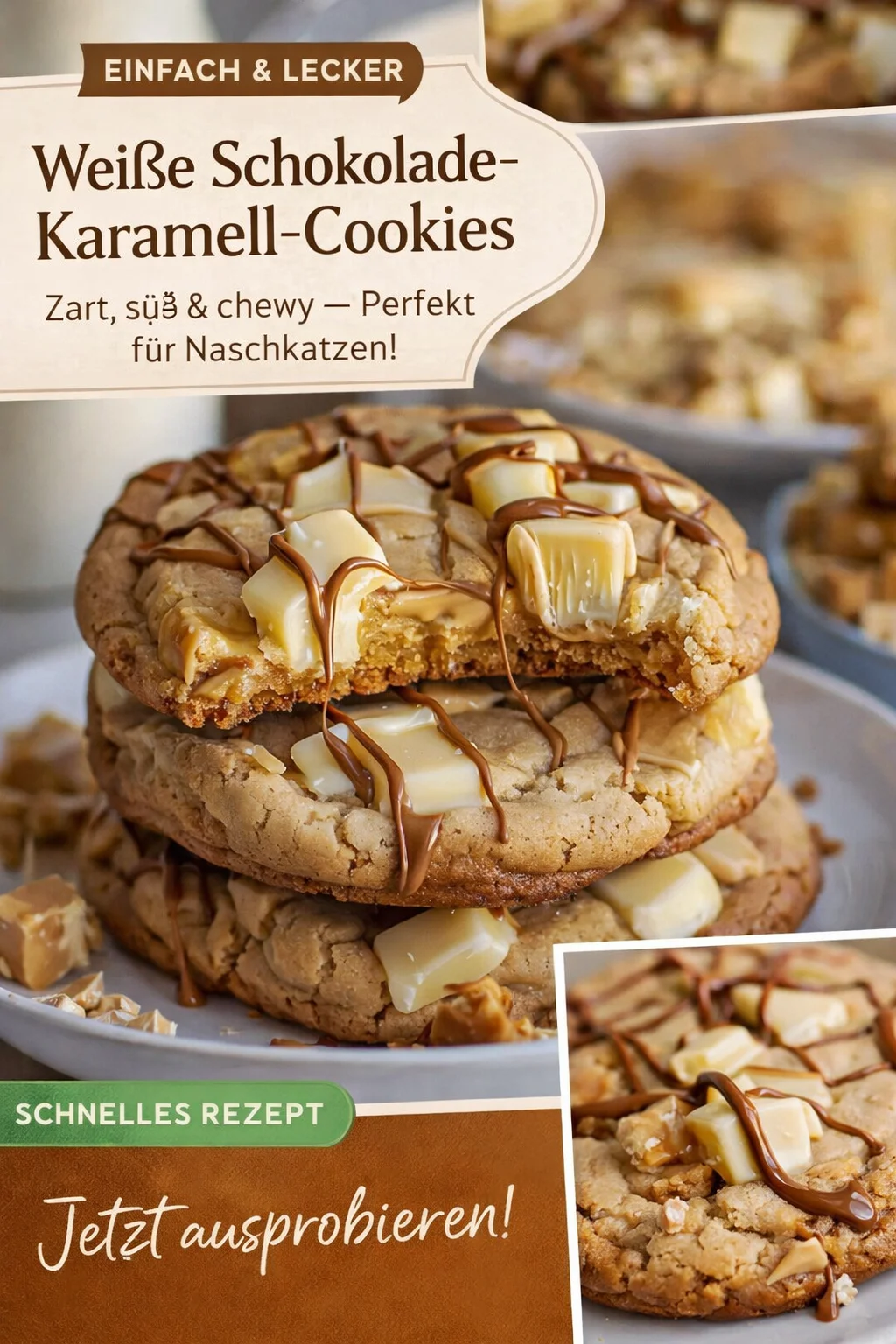 Leckere Kekse mit Weißer Schokolade und Karamell für Naschkatzen - Bist du bereit, deine Backkünste auf das nächste Level zu heben? Diese Kekse mit weißer Schokolade und Karamell sind ein absoluter Genuss, der niemanden kalt lässt! Die Kombination aus süßem Karamell und schmelzender weißer Schokolade wird dich begeistern. Perfekt für jeden Anlass. Probiere das Rezept aus und verwandle deine Küche in eine duftende Naschwerkstatt. #Kekse #Backen #Süßigkeiten