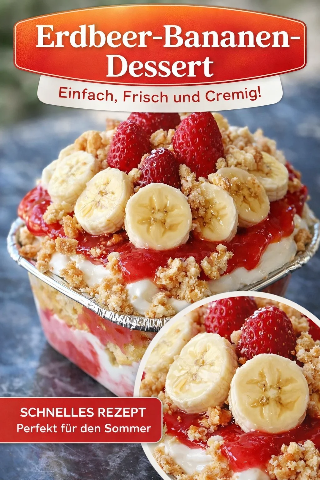 Luftiger Erdbeer-Bananen Pudding – Der perfekte Sommergenuss! - Hast du Lust auf ein einfaches, süßes Dessert ohne Backen? Unser Erdbeer-Bananen Pudding ist genau das Richtige für dich! Mit frischen Erdbeeren, reifen Bananen und knusprigem Topping zauberst du in nur wenigen Minuten ein cremiges Highlight. Ideal für jede Gelegenheit! Probiere es aus und lass dich von diesem fruchtigen Genuss verzaubern. Teile dein Ergebnis! #ErdbeerBananenPudding #Süßspeisen #Dessertliebe
