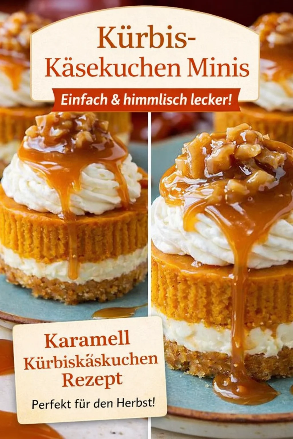 Mini Kürbis Käsekuchen mit köstlichem Karamell Topping für den Herbst Mini Kürbis Käsekuchen mit köstlichem Karamell Topping für den Herbst - Lust auf eine herbstliche Leckerei? Probiere diesen Mini Kürbis Käsekuchen mit einem unwiderstehlichen Karamell Topping! Die kleinen Küchlein sind perfekt für gemütliche Nachmittage und festliche Anlässe. Ideal zum Teilen oder für dich allein! Lass dir diese köstliche Mischung aus frischem Kürbis und cremigem Frischkäse nicht entgehen. Klicke jetzt, um das Rezept zu entdecken! #KürbisKäsekuchen #Herbstrezepte #Süßspeisen