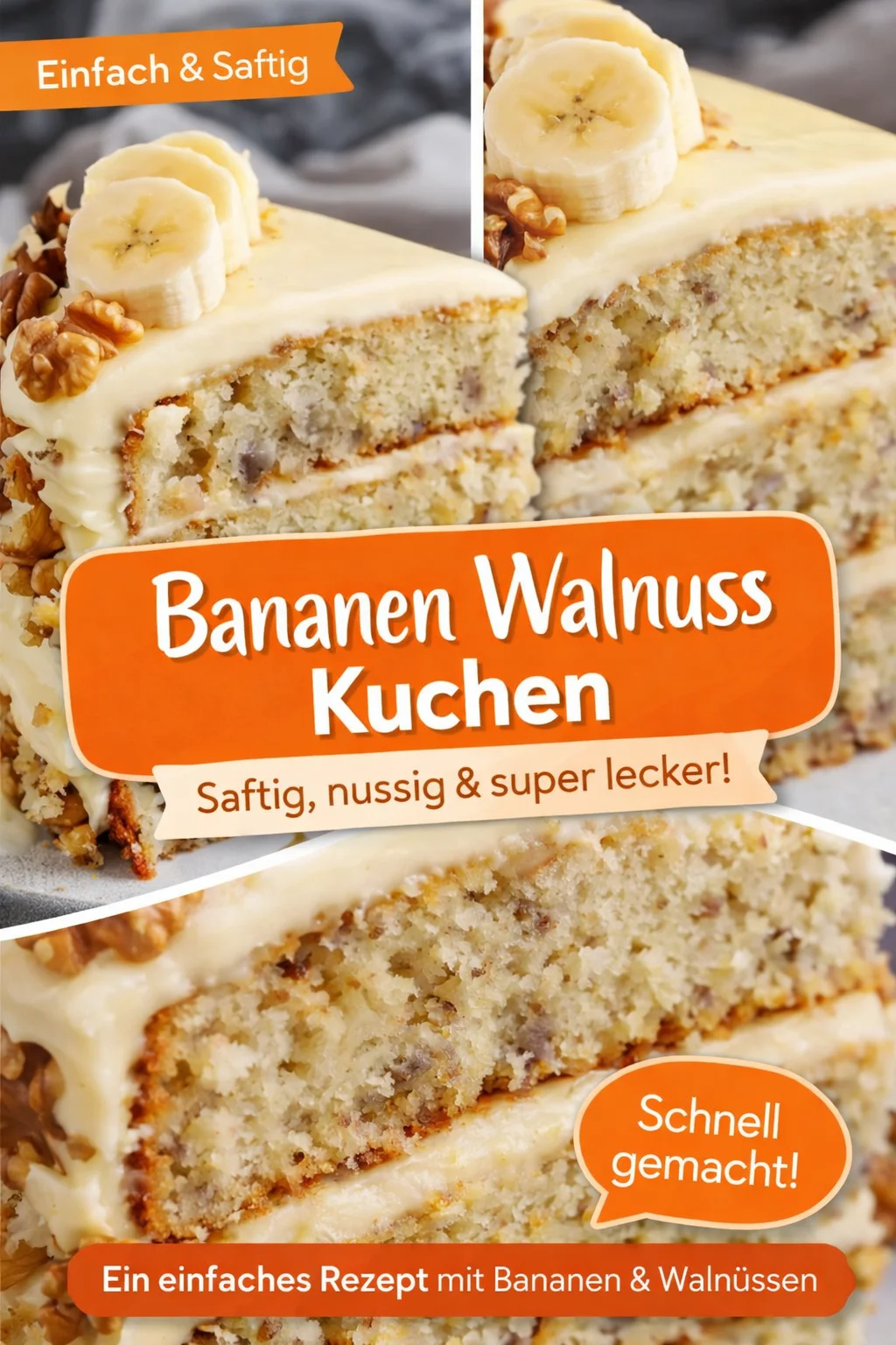 Saftiger Bananen Walnuss Kuchen mit cremigem Frischkäse Frosting - Nutze deine überreifen Bananen und verwandle sie in einen unwiderstehlich saftigen Bananen Walnuss Kuchen! Mit einem köstlichen Frischkäse Frosting wird dieser Kuchen zum absoluten Highlight auf deinem Tisch. Probiere es jetzt aus und verwöhne dich selbst oder deine Lieben! Teile deine Kreation mit uns! #BananenKuchen #Backen #LeckereRezepte