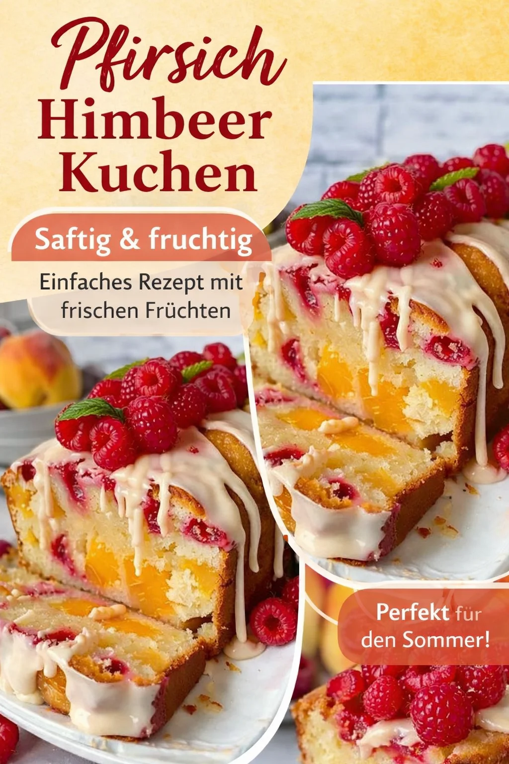 Saftiger Pfirsich Himbeer Kuchen – Der perfekte Sommergenuss! - Bist du bereit für den ultimativen Sommergeschmack? Dieser saftige Pfirsich Himbeer Kuchen wird deine Gäste verzaubern! Mit frisch geschnittenen Pfirsichen und süßen Himbeeren ist er leicht zu backen und immer ein Hit. Probiere das Rezept aus und bringe gute Laune in deine Küche! Teile deine Kreationen mit uns! #Kuchen #Rezept #PfirsichHimbeerKuchen
