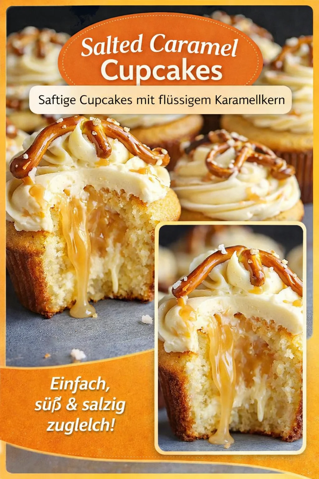 Unwiderstehliche Karamell Cupcakes mit Brezeltopping - Hast du auch einen süßen Zahn? Lass dir diese Karamell Cupcakes nicht entgehen! Sie sind nicht nur süß, sondern bieten auch einen unerwarteten Kick durch das Topping mit Frischkäse und Salzbrezeln. Perfekt für deine nächste Feier oder einfach, um dich selbst zu belohnen. Probiere sie jetzt und teile deine Kreation! #Cupcakes #Karamell #Backen