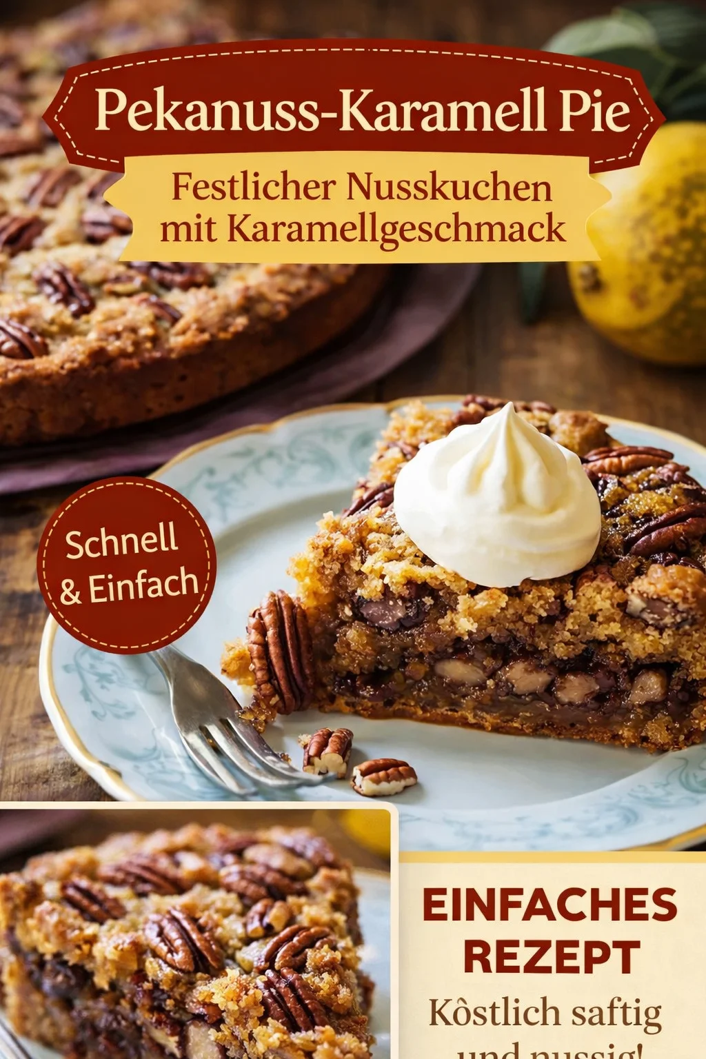 Unwiderstehlicher Pecan Pie Cake: Der perfekte Genussmoment - Erlebe den Geschmack von klassischem Pecan Pie in einer saftigen Kuchenform! Dieser Pecan Pie Cake ist nicht nur einfach zuzubereiten, sondern bringt auch die Gemütlichkeit eines Nachmittags mit Kaffee direkt zu dir nach Hause. Folge unserem einfachen Rezept und verwöhne deine Familie und Freunde mit diesem köstlichen Dessert. Probiere jetzt unser Rezept aus und bringe neuen Schwung in deine Kaffeetafel! #PecanPie #Kuchenliebe #Backen