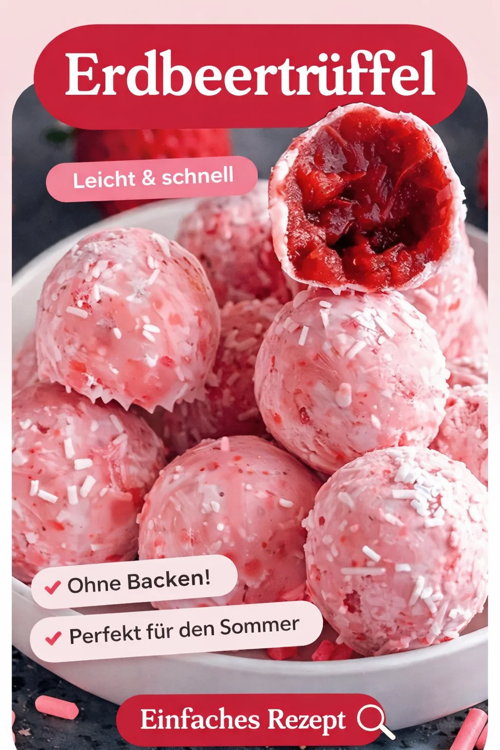 Verführerische Erdbeer Trüffel: Sommergenuss leicht gemacht - Lust auf eine himmlische Versuchung? Diese Erdbeer Trüffel sind einfach zuzubereiten und schmecken nach purem Sommer! Genieße die Kombination aus frischen Erdbeeren und zarter weißer Schokolade – perfekt für jede Gelegenheit. Lass dir dieses süße Rezept nicht entgehen und verwöhne dich und deine Liebsten! Probiere es jetzt aus und teile deine Ergebnisse! #ErdbeerTrüffel #Süßspeisen #Sommerleckereien