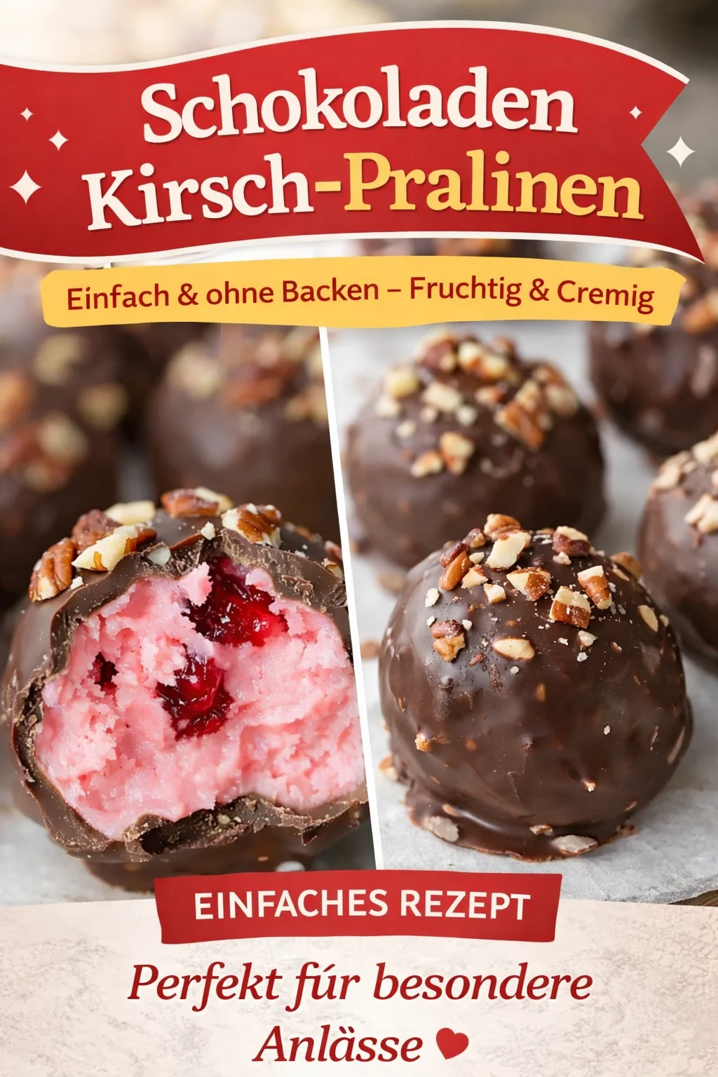 Verführerische Kirsch Kokos Trüffel: Einfach und Lecker! - Lust auf eine süße Verführung? Diese Kirsch Kokos Trüffel sind ein perfekter Snack für Naschkatzen! Mit Zartbitter-Schokolade, saftigen Kirschen und aromatischem Kokos sind sie schnell gemacht und schmecken einfach wow! Probiere unser Rezept aus und begeistere deine Gäste! Klicke und entdecke mehr süße Rezepte! #Trüffel #Süßspeisen #Desserts