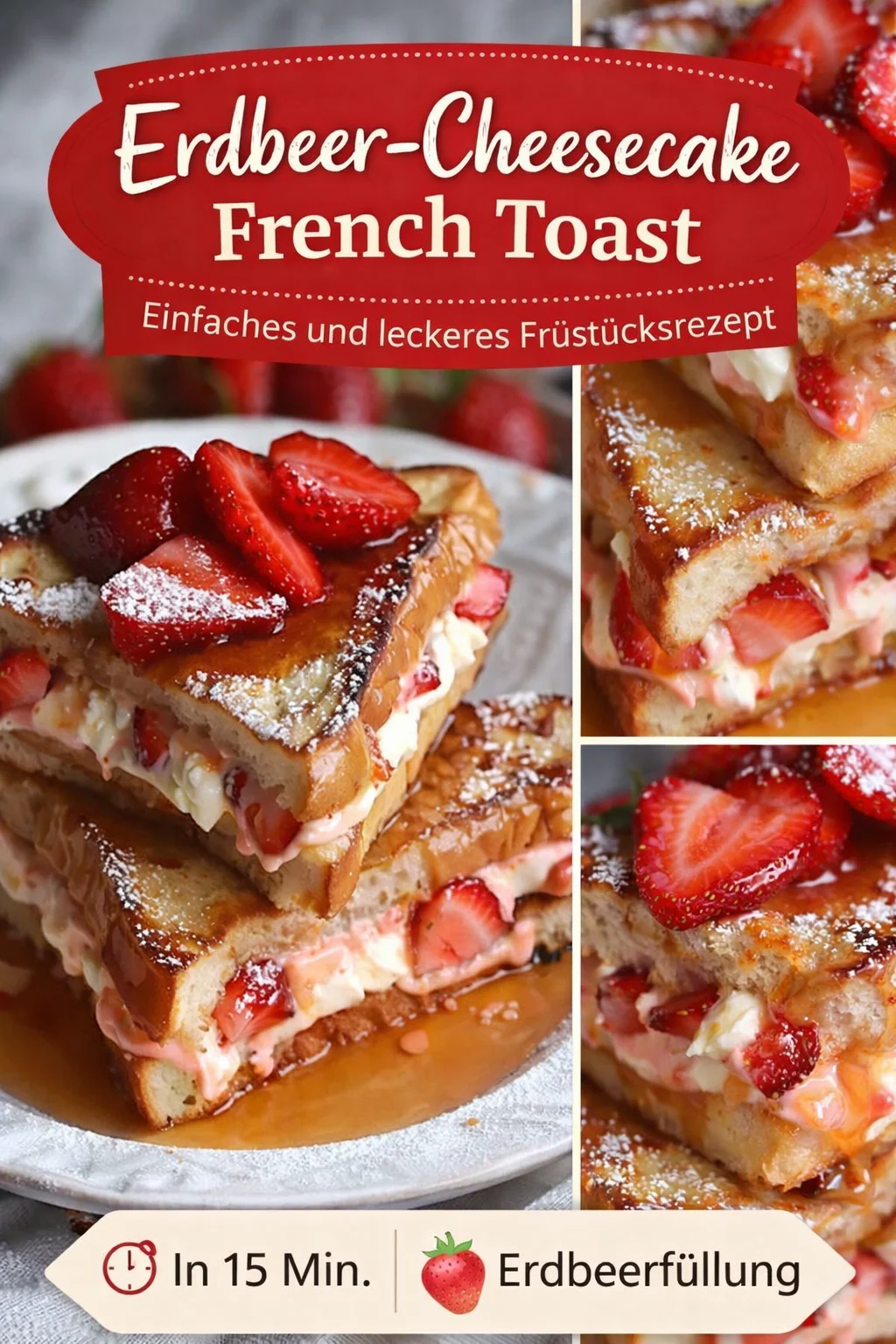 Verwöhne dein Frühstück mit Erdbeer Käsekuchen French Toast - Lust auf ein Frühstück, das sowohl satt macht als auch glücklich? Probiere doch unseren Erdbeer Käsekuchen French Toast! Einfach, lecker und perfekt für Brunch oder einen besonderen Morgen. Lass dich von der Kombination aus Käsekuchen und süßen Erdbeeren verführen. Teile das Rezept mit Freunden und genießt zusammen! #ErdbeerKäsekuchen #Frühstücksrezepte #FrenchToast
