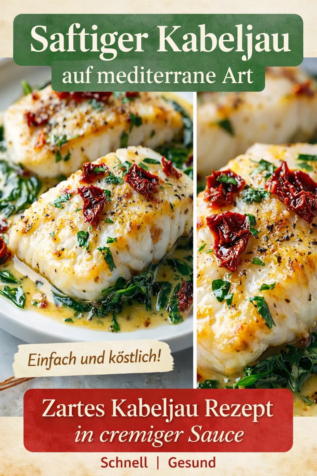 Cremiger Kabeljau Toskana: Köstlich und Keto-freundlich - Hast du Lust auf ein schnelles und leckeres Gericht? Dieser cremige Kabeljau Toskana mit sonnengetrockneten Tomaten und Spinat ist perfekt für einen Keto-Lebensstil! Ideal für ein Abendessen, das schnell zubereitet ist und einfach schmeckt. Probiere es jetzt aus und lasse dir diese Geschmacksexplosion nicht entgehen! #KetoRezepte #Kabeljau #LeckereRezepte