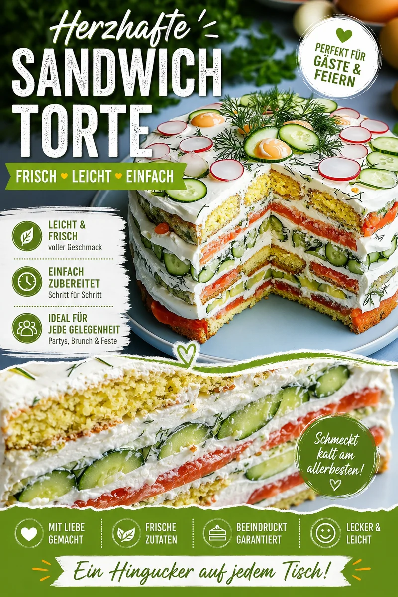 Die perfekte Sandwichtorte für deine nächste Feier! - Entdecke das Rezept für die köstliche Sandwichtorte – der Mittelpunkt jeder Party! Diese kreative Brot-Torte ist nicht nur ein Augenschmaus, sondern auch einfach zuzubereiten. Verwöhne deine Gäste mit einer tollen Mischung aus Frischkäse, frischen Gemüse und delikatem Aufschnitt. Ideal als Snack oder Vorspeise! Probiere es aus und teile dein Ergebnis! #Sandwichtorte #PartySnacks #Rezepte
