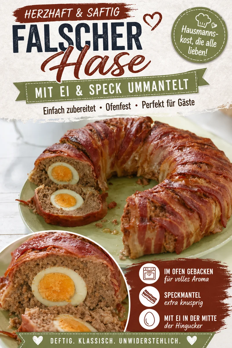Entdecke den köstlichen Hackbraten mit Überraschung für dein Abendessen - Brauchst du eine kreative Idee für dein Abendessen? Probiere unseren Hackbraten mit Überraschung! Aus Hackfleisch und hartgekochten Eiern, umhüllt von knusprigem Bacon, wird er garantiert zum Blickfang auf deinem Tisch. Einfach nachkochen und die ganze Familie begeistern! Lass dir dieses Rezept nicht entgehen! #Hackbraten #Abendessen #KochenFürFamilie