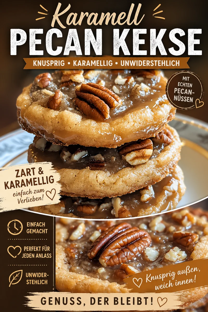 Entdecke die besten Karamell Pekannuss Kekse – Rezept, das glücklich macht! - Verwöhne dich mit diesen köstlichen Karamell Pekannuss Keksen! Sie sind weich, saftig und mit knackigen Pekannüssen gefüllt – der perfekte Genuss für gemütliche Nachmittage. Mit einer warmen Karamellsauce und Pekannusshälften obendrauf sind sie ein wahrer Hochgenuss, den du unbedingt ausprobieren musst! Koche jetzt mit unserem einfachen Rezept und teile deine Ergebnisse! #KekseBacken #PekannussKekse #SüßesVergnügen