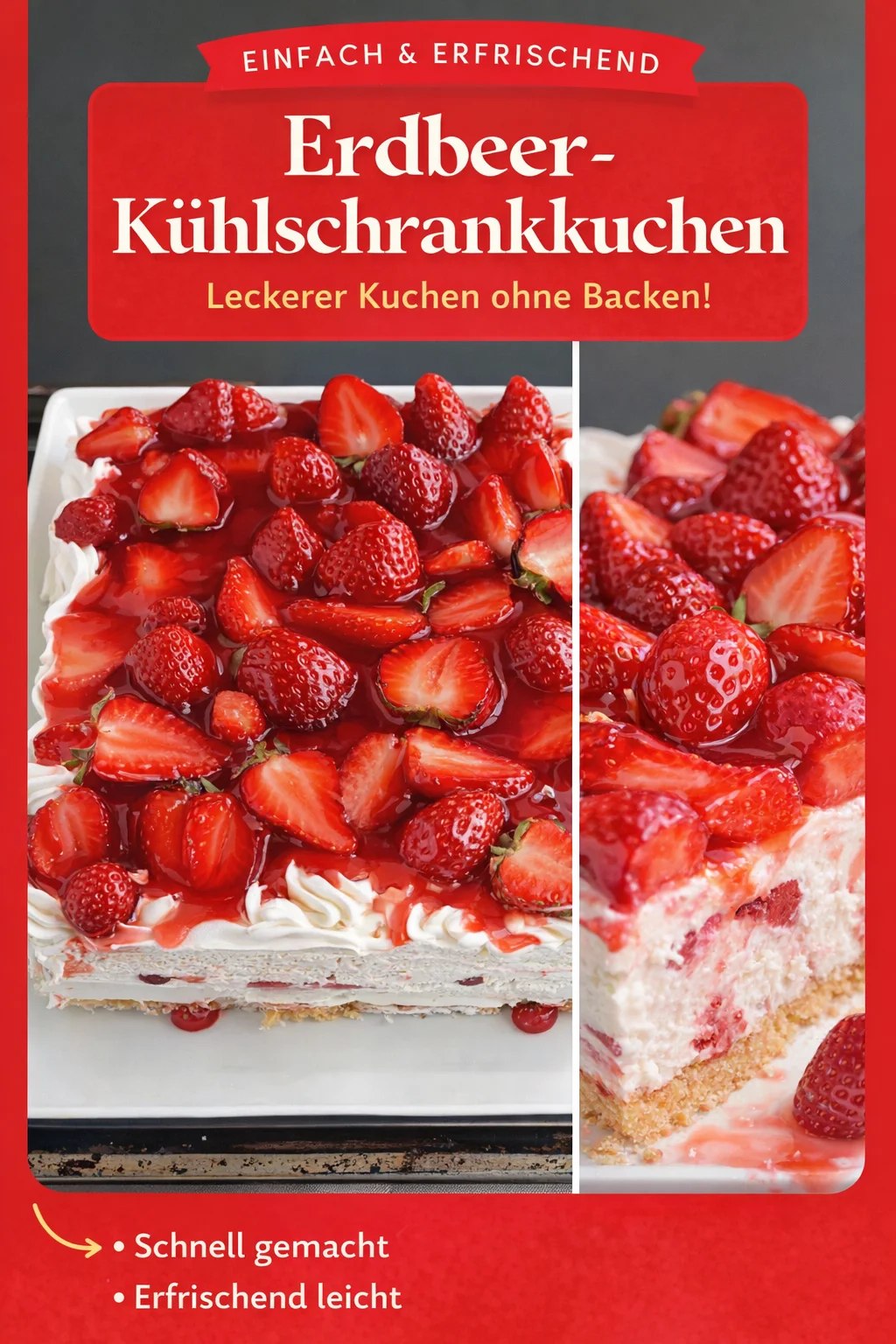 Erdbeer Frischkäse Torte – Die perfekte Kühlschranktorte für heiße Sommertage - Entdecke diese himmlische Erdbeer Frischkäse Torte, die du ohne Backofen zubereiten kannst! Ideal für warme Sommerabende, ist sie einfach, lecker und perfekt für gesellige Runden. Lass dich von diesem Rezept inspirieren und genieße eine erfrischende Kühlschranktorte. Probiere es jetzt aus und erlebe den Geschmack des Sommers! #Erdbeeren #Kühlschranktorte #Süßspeisen