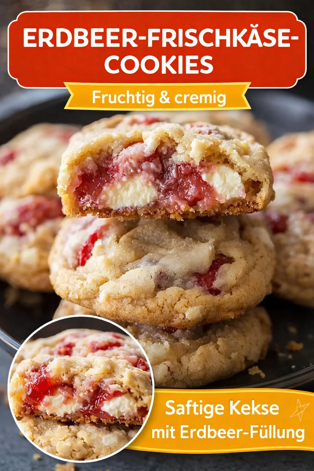 Erdbeer Käsekuchen Cookies – die perfekte süße Verführung - Bist du bereit, deine Keks-Welt auf den Kopf zu stellen? Diese Erdbeer Käsekuchen Cookies sind eine himmlische Kombination aus cremigem Käsekuchen und deinem Lieblingskeks. Einfach zuzubereiten und unwiderstehlich lecker! Probiere sie jetzt aus und verwöhne deine Geschmacksknospen. Klicke auf den Pin für das vollständige Rezept! #ErdbeerCookies #Käsekuchen #Süßspeisen