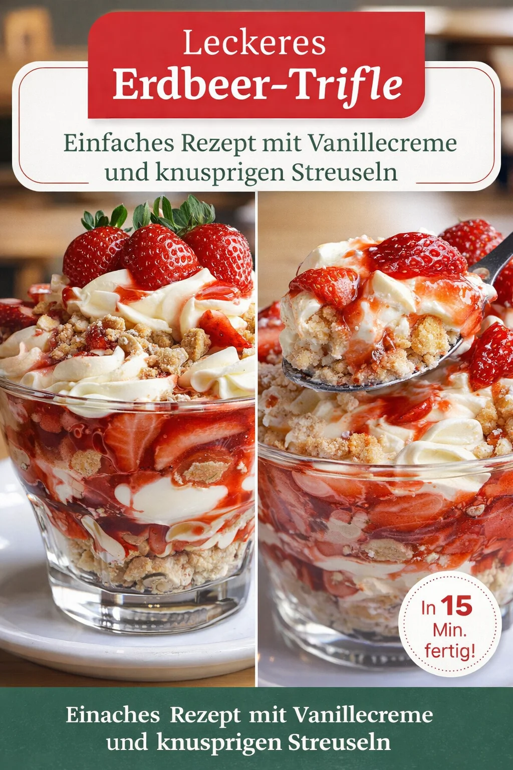 Fantastisches Erdbeer Trifle: Ein einfaches und beeindruckendes Dessert - Hast du Lust auf ein unvergessliches Dessert? Unser Erdbeer Trifle vereint frische Erdbeeren, cremige Vanillecreme und fluffige Sahne in einem atemberaubenden Schichtdessert. Einfach zuzubereiten und perfekt für jede Gelegenheit! Lass dir dieses himmlische Geschmackserlebnis nicht entgehen. Probiere es jetzt aus und teile deine Kreationen! #ErdbeerTrifle #DessertRezepte #Süßspeisen