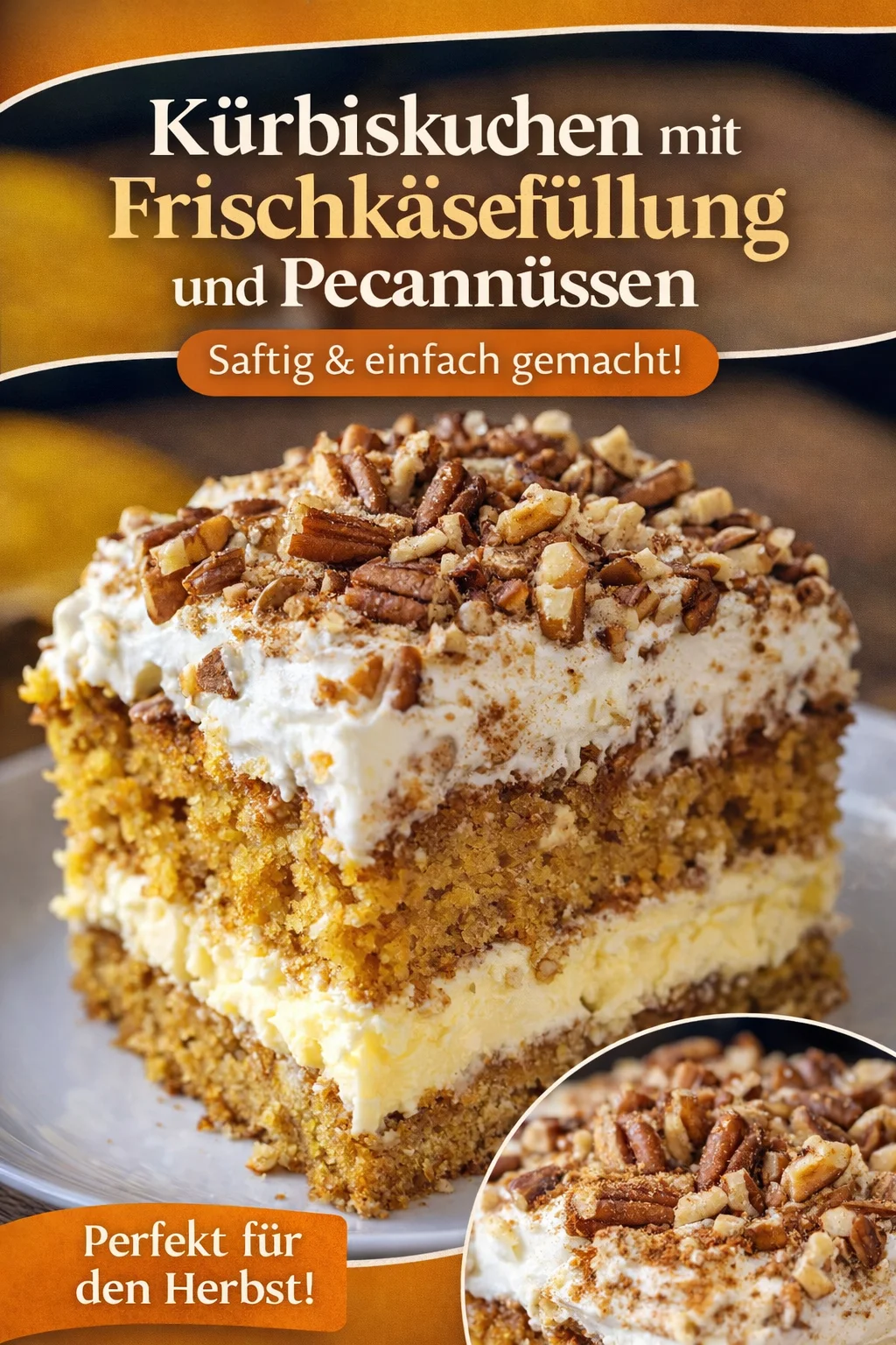 Herbstlicher Kürbiskuchen mit Pekannüssen – Ein Genuss für gemütliche Stunden - Lust auf ein Stück Herbst? Dieser Kürbiskuchen mit Pekannüssen ist der perfekte Begleiter für kalte Tage. Einfach himmlisch im Geschmack und einfach zu backen! Überzeuge dich selbst von der Kombination aus saftigem Kürbis und knackigen Pekannüssen. Perfekt für Kaffee-Nachmittage oder als Dessert für deine Familie. Teile das Rezept und bringe die Herbststimmung in deine Küche! #Kürbiskuchen #Herbstrezepte #Dessertliebe