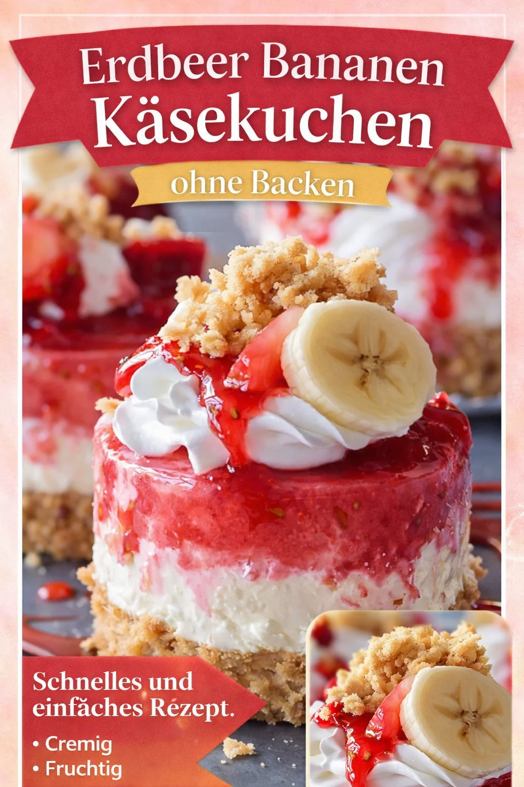 Himmlische Erdbeer-Bananen-Mini-Käsekuchen für jeden Anlass - Lust auf ein schnelles und einfaches Dessert? Diese Erdbeer-Bananen-Mini-Käsekuchen sind der perfekte süße Genuss an warmen Tagen! Bereite sie in wenigen Schritten zu und verwöhne deine Gäste mit diesen zwei leckeren Geschmäckern, die Sommerlaune verbreiten. Ideal für Partys oder als süßer Snack! Probiere das Rezept jetzt aus und teile deine Kreationen! #Dessert #MiniKäsekuchen #Süßspeisen