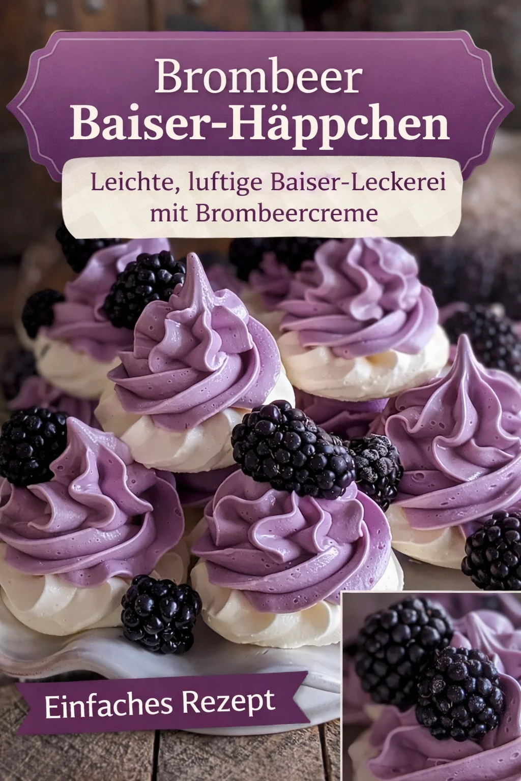 Himmlische kleine Baiser mit cremiger Brombeerfüllung für deine süßen Momente - Entdecke das perfekte Rezept für kleine Baiser mit einer verführerischen, cremigen Brombeerfüllung. Ideal für Feste oder einfach zum Genießen. Lass diese zauberhaften Leckereien deine Geschmacksknospen verwöhnen! Probiere es aus und überrasche deine Gäste mit einem himmlischen Dessert. Jetzt Rezept ausprobieren! #Baiser #Brombeeren #Süßspeisen
