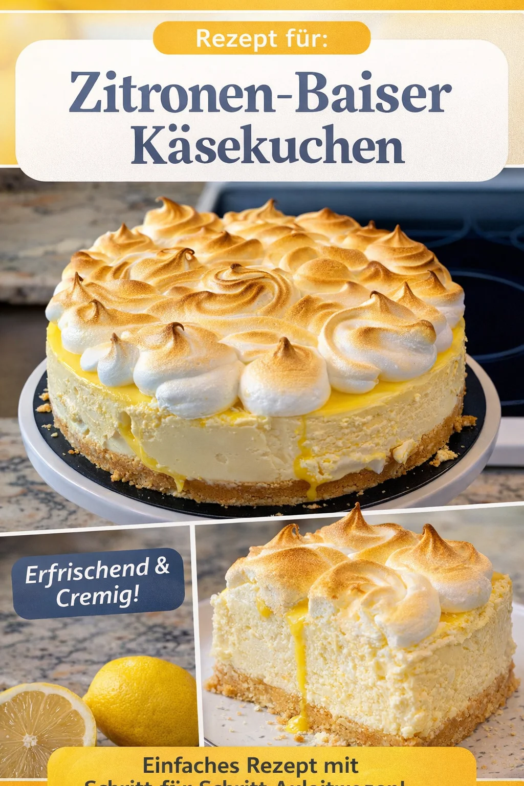 Himmlischer Lemon Meringue Cheesecake für wahre Naschkatzen - Erlebe den perfekten Genuss mit unserem Lemon Meringue Cheesecake! Dieser einzigartige Käsekuchen kombiniert die frische Zitrone mit einer fluffigen Baiserschicht – ein wahrhaft himmlisches Dessert. Lass dich von dem cremigen Geschmack verzaubern und bringe deine Gäste zum Staunen! Probiere es jetzt aus! #Cheesecake #Desserts #Zitronenliebhaber