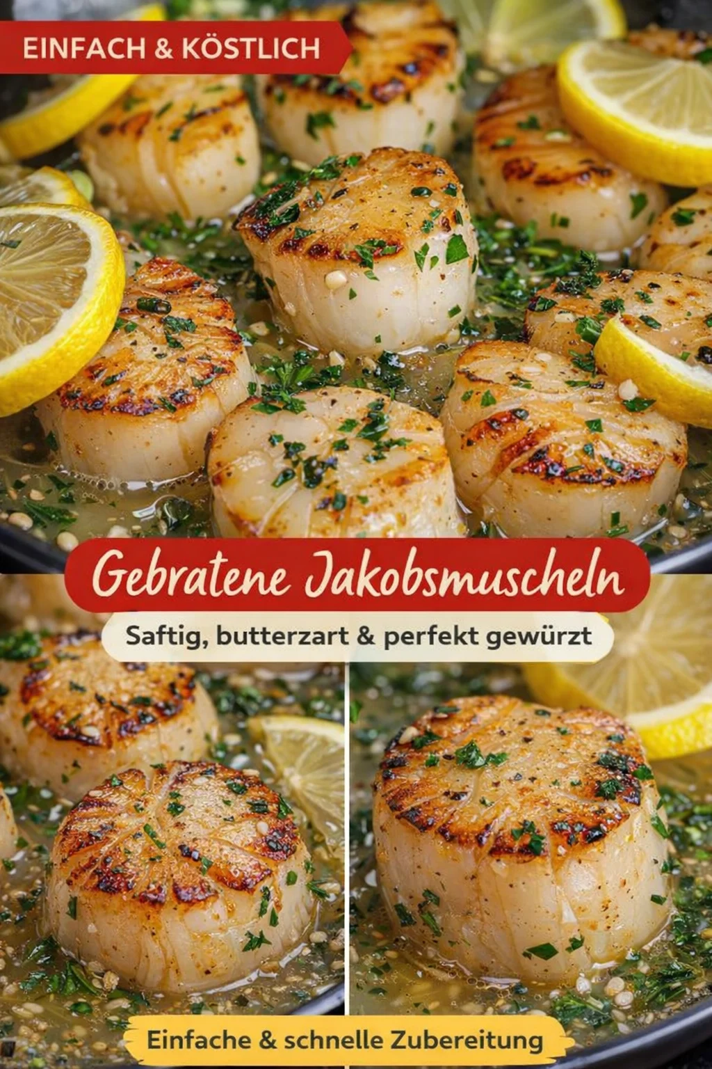 Jakobsmuscheln in Knoblauch-Zitronen-Buttersoße – Einfach und Lecker! - Verwöhne deine Gäste mit diesem beeindruckenden Rezept für Jakobsmuscheln in einer köstlichen Knoblauch-Zitronen-Buttersoße. Diese Meeresfrüchte sind leichter zuzubereiten, als du denkst, und bringen das Restaurant-Feeling direkt zu dir nach Hause. Perfekt als Vorspeise oder für besondere Anlässe. Probier es jetzt aus und genieße ein Gourmet-Erlebnis! #Jakobsmuscheln #Meeresfrüchte #FeinesEssen