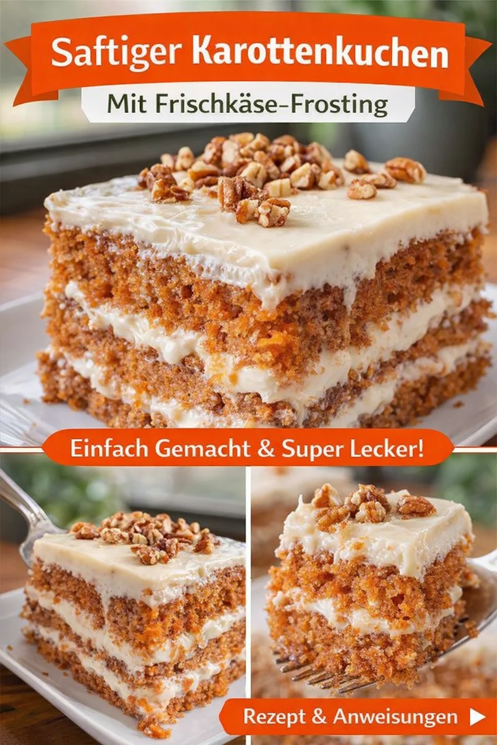 Karottenkuchen mit Zimt Frischkäse Frosting – Ein gemütliches Genussrezept - Bist du auf der Suche nach einem besonderen Kuchen, der nach Heimat schmeckt? Dieser Karottenkuchen mit Zimt Frischkäse Frosting ist nicht nur super saftig, sondern auch ein wahrer Genuss für deine Sinne. Perfekt für jede Gelegenheit und ganz einfach zuzubereiten! Probiere es aus und verwöhne dich und deine Lieben. Jetzt zuschlagen und dein neues Lieblingsrezept finden! #Karottenkuchen #Kuchenliebe #BackenMitLiebe