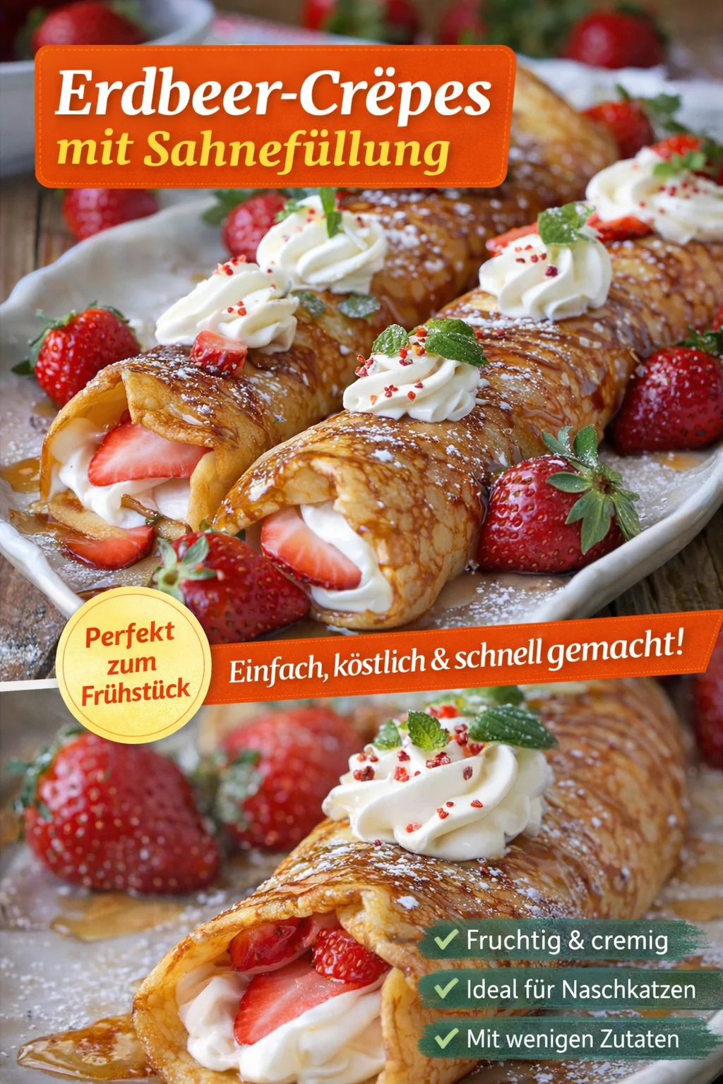 Leckere Erdbeer Röllchen für den perfekten Start in den Tag - Lust auf ein süßes Frühstück oder einen himmlischen Nachmittagssnack? Diese Erdbeer Röllchen sind einfach zuzubereiten und verwöhnen deinen Gaumen! Weiches Toastbrot, gefüllt mit einer cremigen Erdbeerfüllung, und perfekt gebraten – das ist Genuss pur. Probiere es aus und erlebe, wie schnell du diese Köstlichkeiten zaubern kannst. Überrasche deine Familie mit diesem Rezept! #Erdbeeren #Frühstück #Süßspeisen