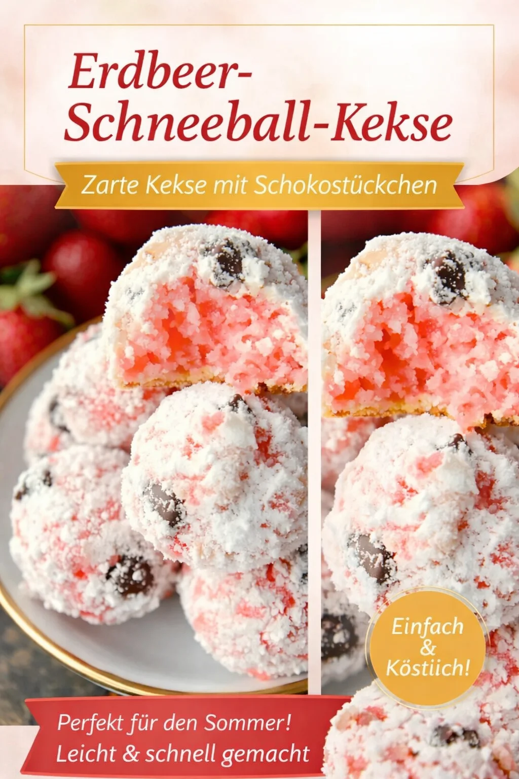 Leckere Erdbeer Schoko Schneebälle für deinen Sweet Tooth - Hast du Lust auf eine süße Versuchung? Probiere mein Rezept für Erdbeer Schoko Schneebälle! Diese zarten Kekse sind nicht nur köstlich, sondern auch eine Augenweide. Perfekt für jede Gelegenheit! Lass dir diese Leckerei nicht entgehen – klicke jetzt und backe sie nach! #ErdbeerRezept #Schokoladenkekse #Backen