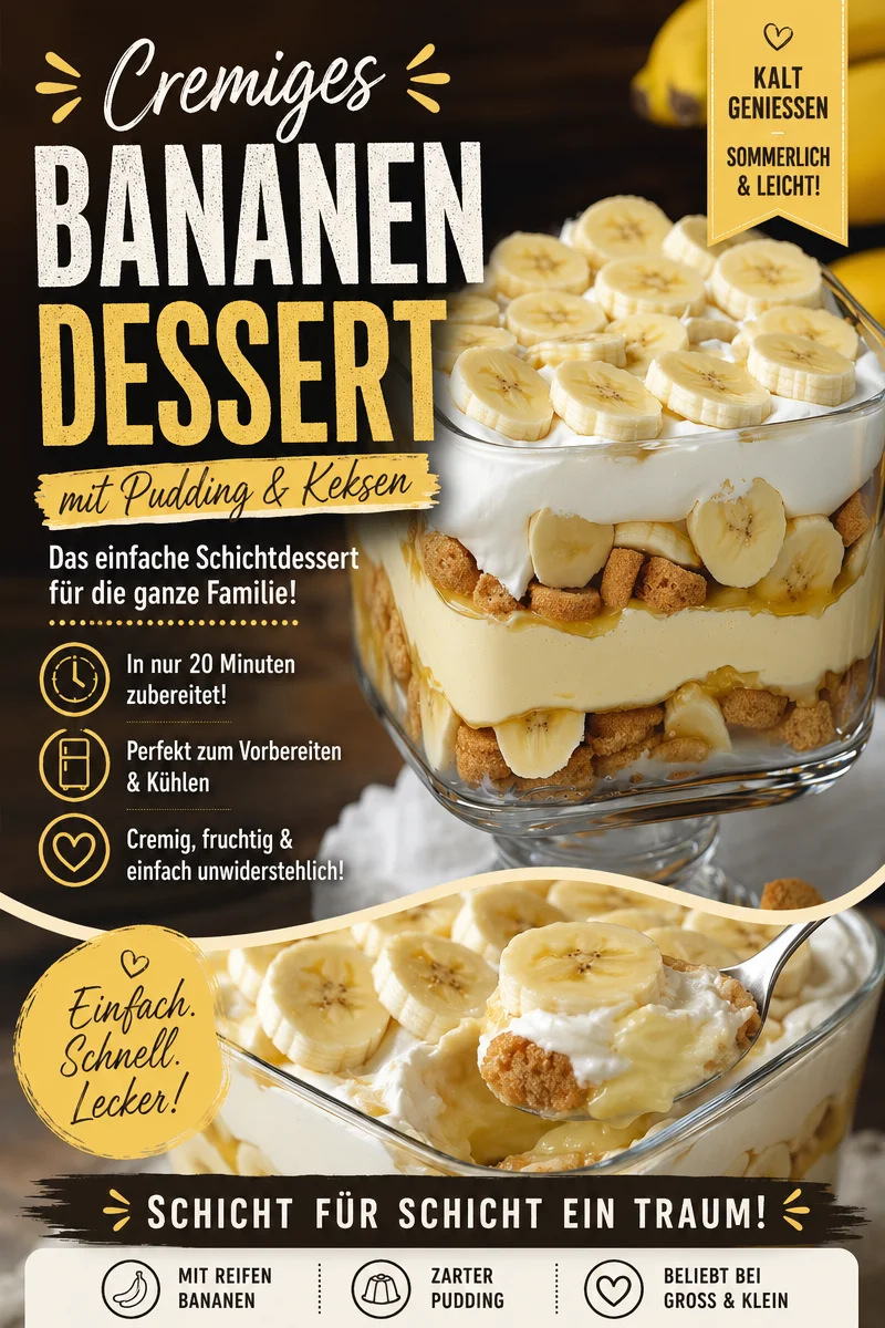 Schnell und einfach: Der cremigste Bananenpudding aller Zeiten Schnell und einfach: Der cremigste Bananenpudding aller Zeiten - Bist du bereit für den ultimativen Bananenpudding? Dieses einfache Rezept zaubert dir ein köstliches Dessert, das jeder lieben wird! Lass dich von der Kombination aus Sahne, Bananen und Keksen verführen und entdecke, wie schnell du diesen Genuss zubereiten kannst. Probiere es jetzt aus und überrasche Freunde und Familie! #Bananenpudding #DessertRezept #EinfachUndLecker