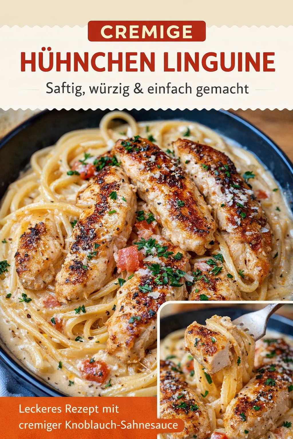 Schnelle cremige Hähnchen Pasta für das perfekte Soulfood-Essen - Hast du Lust auf eine cremige Hähnchen Pasta, die einfach glücklich macht? Diese schnelle und köstliche Rezept ist genau das Richtige für deine nächste Essenszubereitung! In nur wenigen Schritten zauberst du dieses leckere Gericht, das garantiert jedem schmeckt. Probiere es aus und lass dich von den Aromen verführen! Teile dein Ergebnis mit #CremigeHähnchenPasta und entdecke weitere Rezepte. #Soulfood #LeckereRezepte