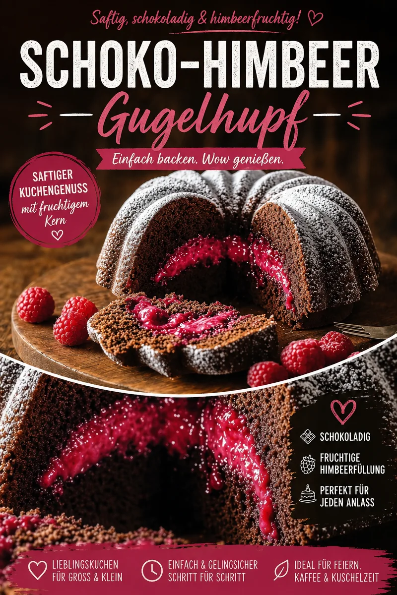 Schneller Schoko Himbeeren Gugelhupf – Einfach und unwiderstehlich lecker! - Lust auf etwas Süßes? Dieser Schoko Himbeeren Gugelhupf ist die perfekte Lösung! In nur wenigen Schritten zauberst du einen saftigen Kuchen, der durch frische Himbeeren verfeinert wird. Ideal für Kaffeekränzchen oder als Dessert. Lass dich inspirieren und probiere das Rezept aus! #Gugelhupf #Schokoladenkuchen #Süßspeisen