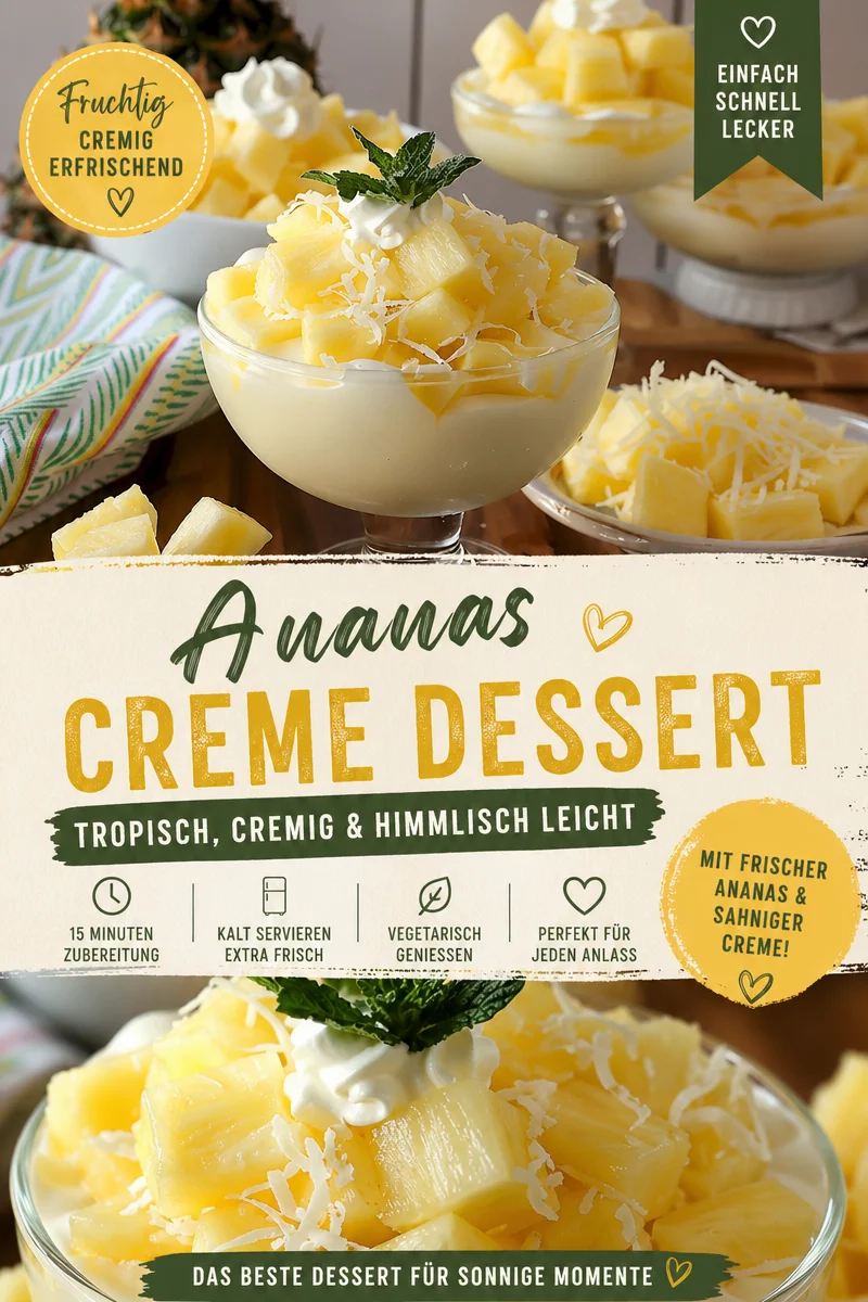 Schnelles und leckeres Ananasdessert für jeden Anlass Schnelles und leckeres Ananasdessert für jeden Anlass - Möchtest du ein einfaches und köstliches Dessert zaubern? Probiere unser traumhaftes Ananasdessert! Es ist in wenigen Minuten zubereitet und schmeckt himmlisch frisch. Ideal für jede Gelegenheit! Lass dich von dem tropischen Geschmack begeistern und bringe Urlaubsfeeling auf deinen Tisch. Starte jetzt und genieße diesen süßen Traum! #Ananasdessert #einfacheRezepte #Süßspeisen