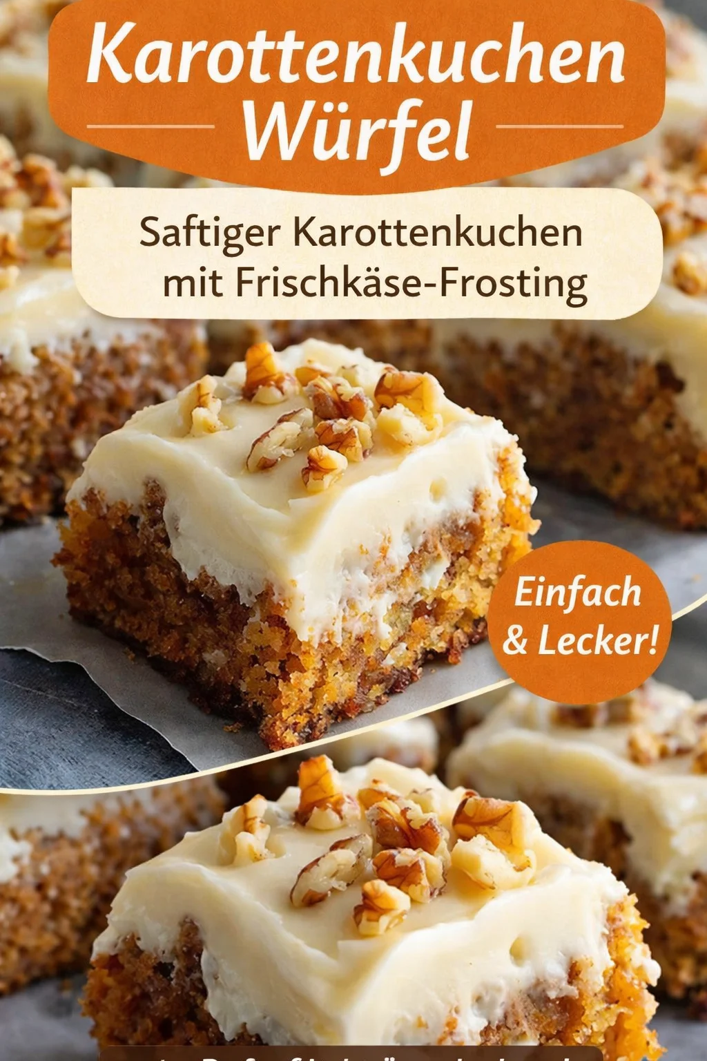 Verführerische Karottenkuchen Schnitten mit cremigem Frischkäse Frosting - Entdecke das perfekte Rezept für saftige Karottenkuchen Schnitten, die mit einem köstlichen Frischkäse Frosting veredelt sind. Ideal für jede Kaffeepause oder Feier! Lass dich von den Aromen von frisch gebackenem Karottenkuchen und der cremigen Süße des Frostings verführen. Probiere es aus und bringe Freude auf deinen Tisch! #Karottenkuchen #Kuchenliebe #Süßspeisen