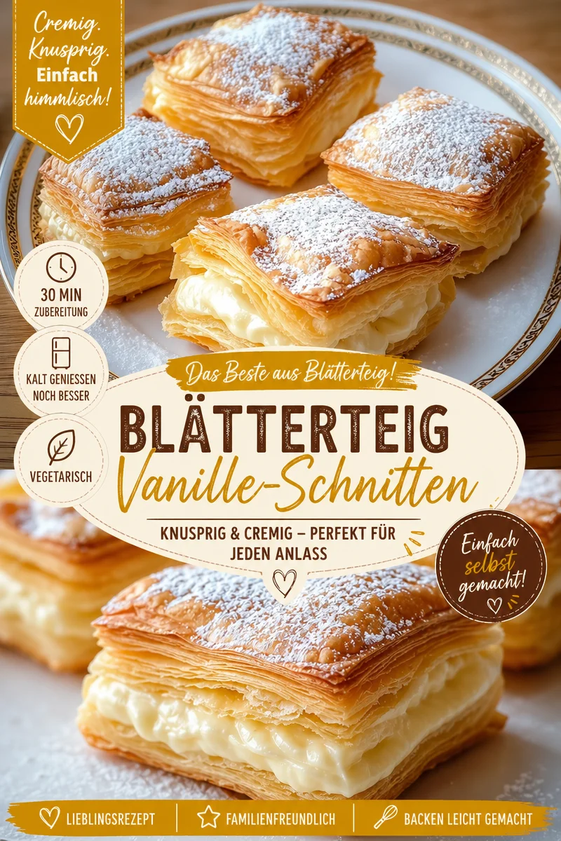 Verführerische Vanille Teilchen aus Blätterteig für jeden Anlass! - Lass den köstlichen Duft von frischem Blätterteig und Vanille deine Küche erfüllen. Diese Vanille Teilchen sind einfach zuzubereiten und perfekt für jedes Fest oder als Snack. Probiere dieses Rezept und schmecke die Liebe! Teile deine Kreationen mit uns! #Blätterteig #Vanille #Süßspeisen