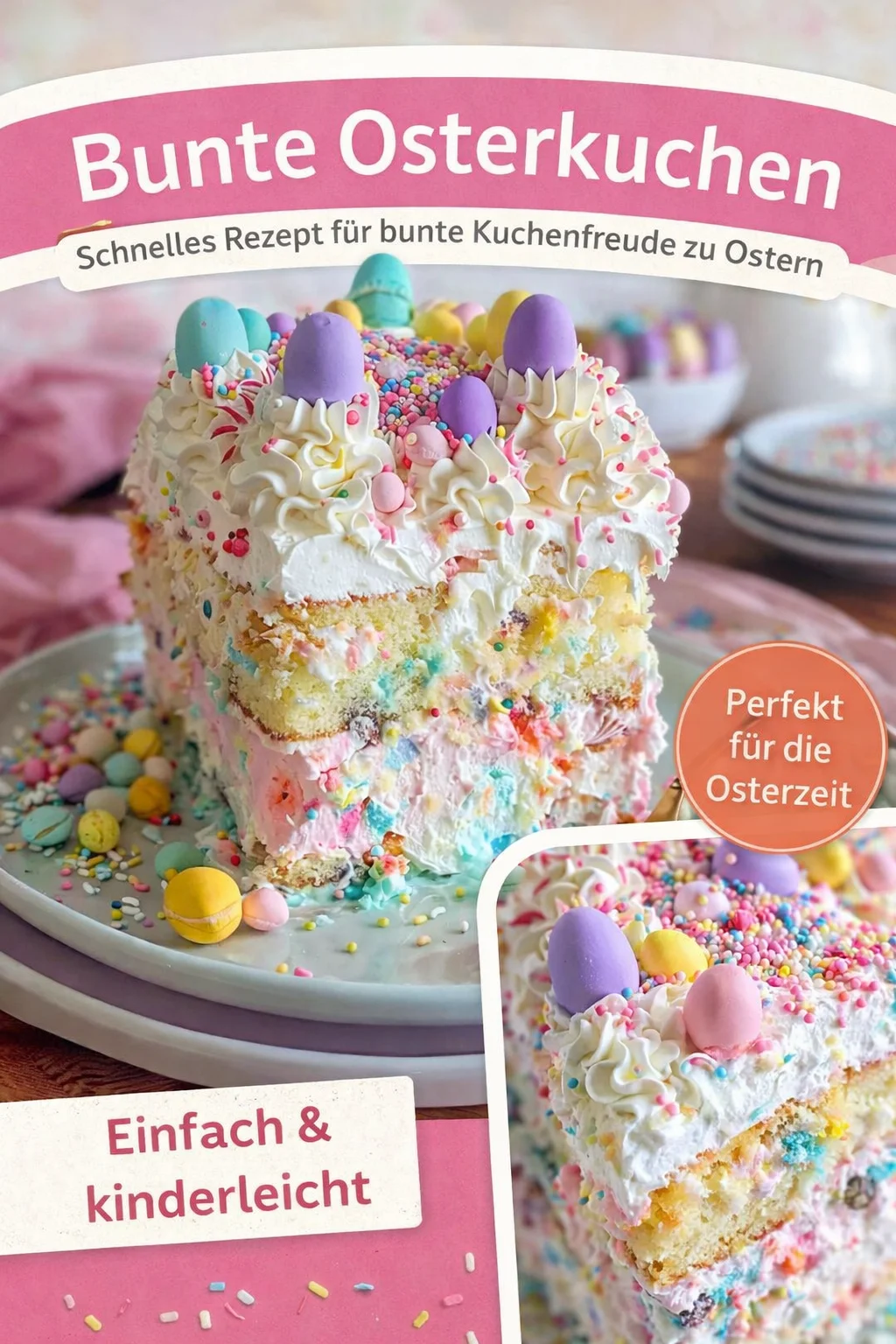 Verleihe deinem Ostern mit einem bunten Osterkuchen einen besonderen Glanz! - In Frühlingslaune und bereit zum Backen? Dieser bunte Osterkuchen wird garantiert zum Hingucker auf deinem Tisch und begeistert Familie sowie Freunde! Mit einer köstlichen Sahne-Glasur und festlichen Dekorationen aus Mini-Schokoladeneiern und Osterstreuseln ist er das perfekte süße Highlight für dein Fest. Probiere es aus und bringe Frühlingsfreude in deine Küche! Lass dich inspirieren. #Osterkuchen #Frühling #Backen