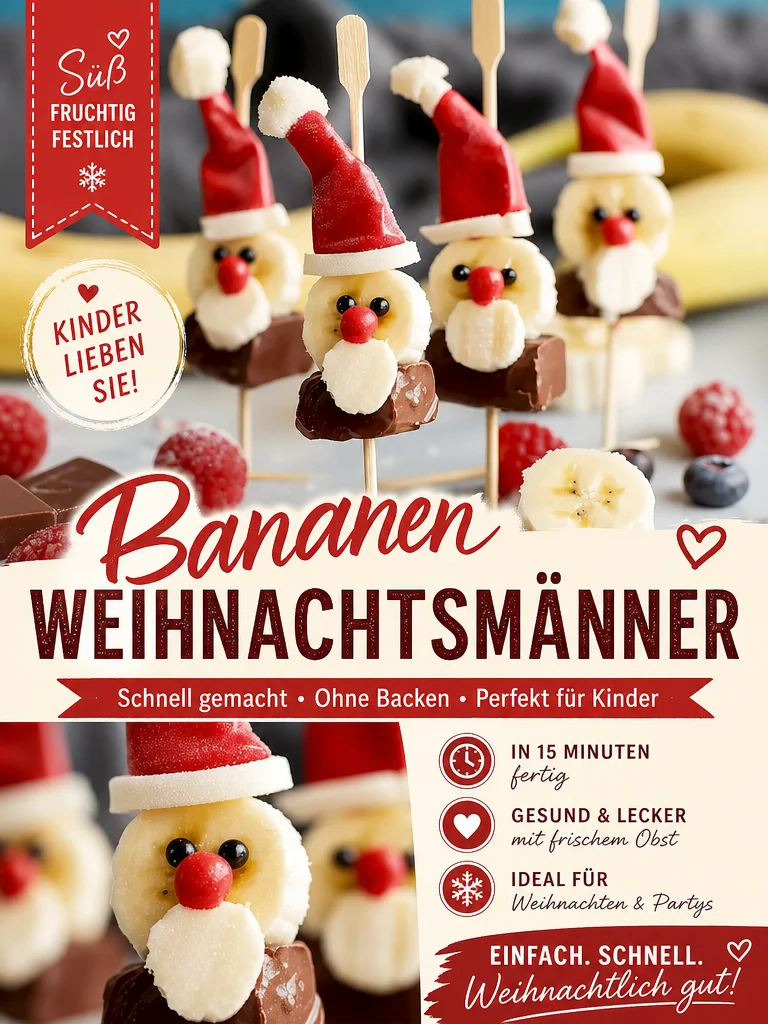Kreative Bananenspieße im Weihnachtsmann-Look für die Festtage Kreative Bananenspieße im Weihnachtsmann-Look für die Festtage - Entdecke die festlichen Bananenspieße im Weihnachtsmann-Look! Diese süßen Leckereien sind kinderleicht zuzubereiten und ein echter Hingucker auf jeder Weihnachtsfeier. Perfekt für eine gesunde Snack-Idee oder als dekorative Nascherei für die Kleinen. Lass deiner Kreativität freien Lauf und mach die Weihnachtszeit noch süßer! Probiere es aus und teile deine Ergebnisse! #Weihnachtsrezepte #GesundeSnacks #Bananenspieße