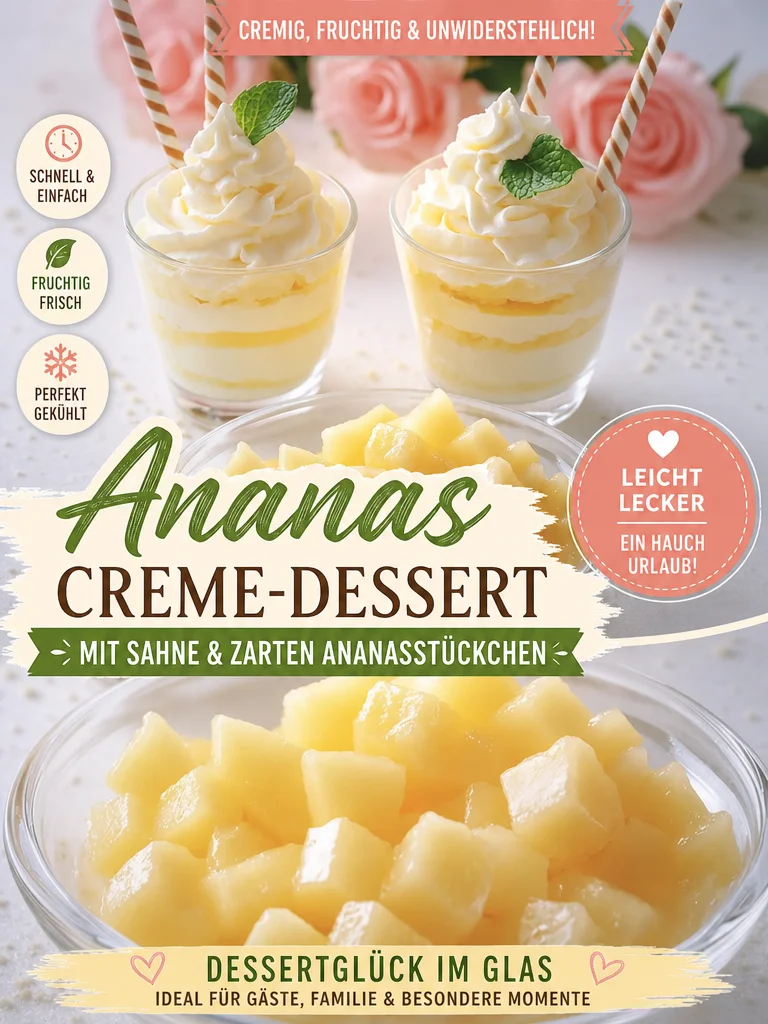 Sommer im Glas: Erfrischende Ananascreme für warme Tage - Entdecke mein einfaches Rezept für eine luftige Ananascreme, die an Sommer und Glück erinnert. Perfekt für Grillabende oder als leichter Nachtisch. Probiere es aus und erlebe den Geschmack von frischen Ananasstücken und Sahne in jedem Löffel. Lass dich von diesem Rezept inspirieren und bring Sommer ins Glas! Teile dein Ergebnis und benutze die Hashtags! #Ananascreme #Sommerrezepte #SüßeLeckereien
