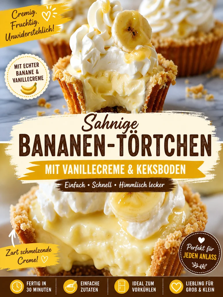 Unwiderstehliche Mini Bananencreme-Törtchen ohne Backen für heiße Sommertage Unwiderstehliche Mini Bananencreme-Törtchen ohne Backen für heiße Sommertage - Genieße die perfekten Mini Bananencreme-Törtchen, die bequem ohne Backen zubereitet werden. Ideal für einen süßen Sommergenuss! Diese Törtchen überzeugen durch ihre frische Bananenfüllung und knusprigen Keksboden. Jetzt ausprobieren und deine Gäste begeistern! Teile dein Ergebnis und lasse dich inspirieren. #Bananenrezept #DessertOhneBacken #SommerleichteKüche