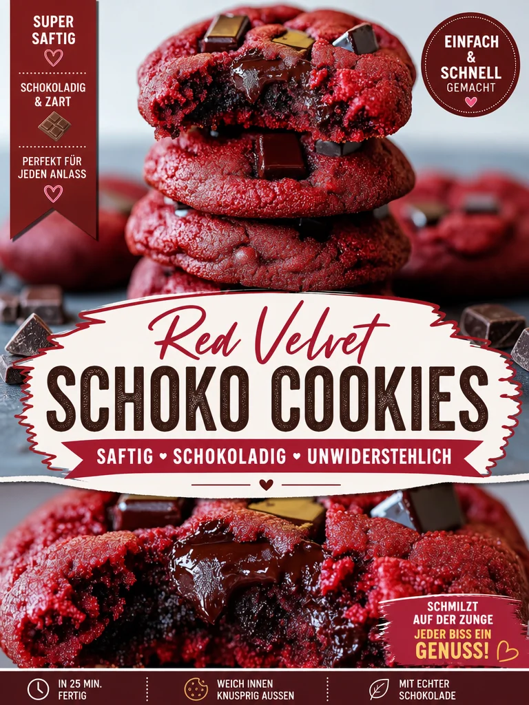 Verführerische Rote Samt Schokoladenstückchen Kekse zum Nachbacken - Entdecke den ultimativen Genuss mit unseren Roten Samt Schokoladenstückchen Keksen! Diese dekadente Variante eines Klassikers wird all deine Keks-Träume erfüllen. Ideal für die Kaffeetafel oder als süßer Snack für zwischendurch. Lass dir das nicht entgehen – schau dir unser Rezept an und teile es mit deinen Freunden! #Kekse #Backen #Schokolade