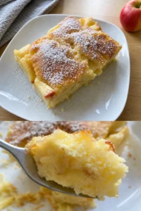 Apfelkuchen mit Vanillepudding auf einem Teller serviert