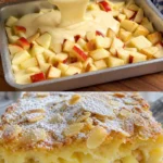 Apfelkuchen mit Vanillepudding auf einem Teller serviert