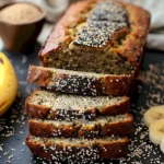 Bananenbrot mit Sesam und Chia auf einem Holztisch