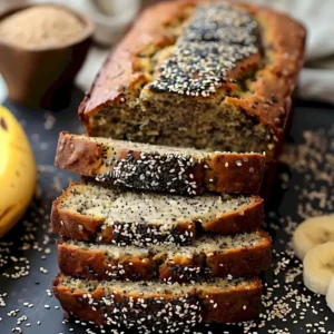 Bananenbrot mit Sesam und Chia 3 Bananenbrot mit Sesam und Chia auf einem Holztisch