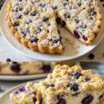 Blaubeer-Tarte mit Streuseln auf einem Teller serviert