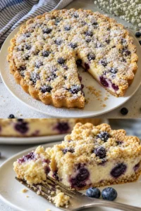 Blaubeer-Tarte mit Streuseln auf einem Teller serviert