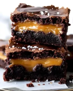 Leckere Brownies mit Karamellfüllungen auf einem weißen Teller