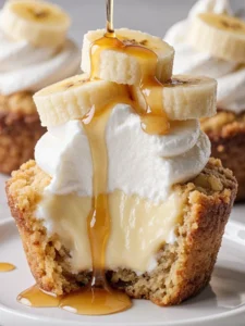 Cremige Bananencreme Tarteletts mit frischen Bananen auf einem Teller