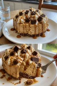 Cremige Erdnussbuttertorte mit Schokolade 9 Cremige Erdnussbuttertorte mit Schokolade auf einem Teller
