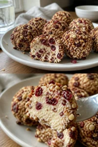 Cremige Käsebällchen mit Cranberrys 3 Cremige Käsebällchen mit Cranberrys auf einem schönen Teller