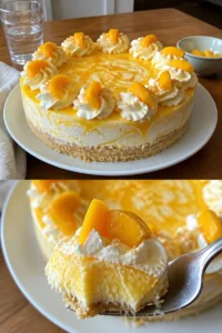 Cremige Mango Mousse Torte mit Mango 5 Cremige Mango Mousse Torte mit frischen Mangostückchen auf einem Teller