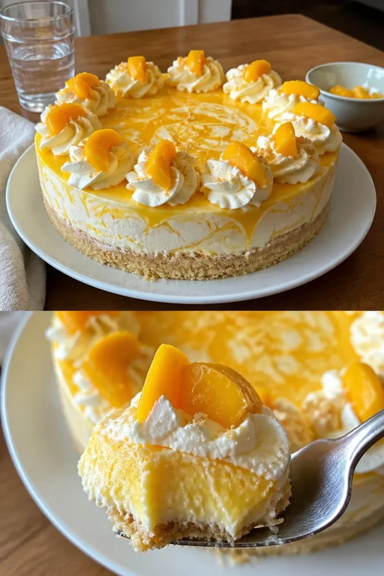 Cremige Mango Mousse Torte mit frischen Mangostückchen auf einem Teller