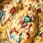 Cremiges Orzo mit Hähnchen auf einem Teller serviert.